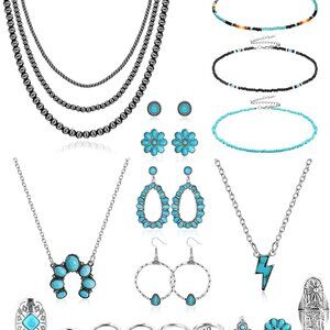 Turquoise Jewelry for Women Bohemian Western Jewelry Set Navajo Pearl Necklace B
